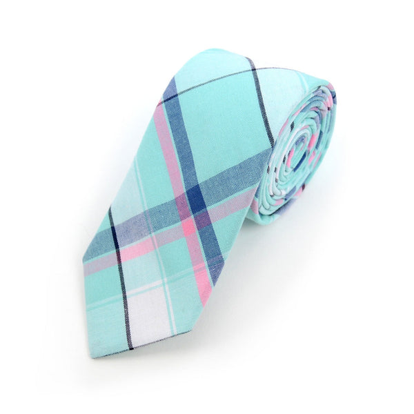 Turquoise Plaid Cotton Slim Tie SELININY