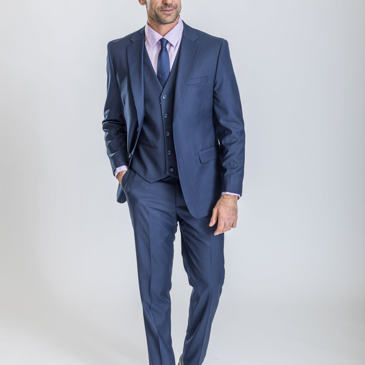 navy blue suit dress shirt New Caravelli Midnight Blue 3 Piece Slim Fit Suit with Vest 46 / 40W / LONG