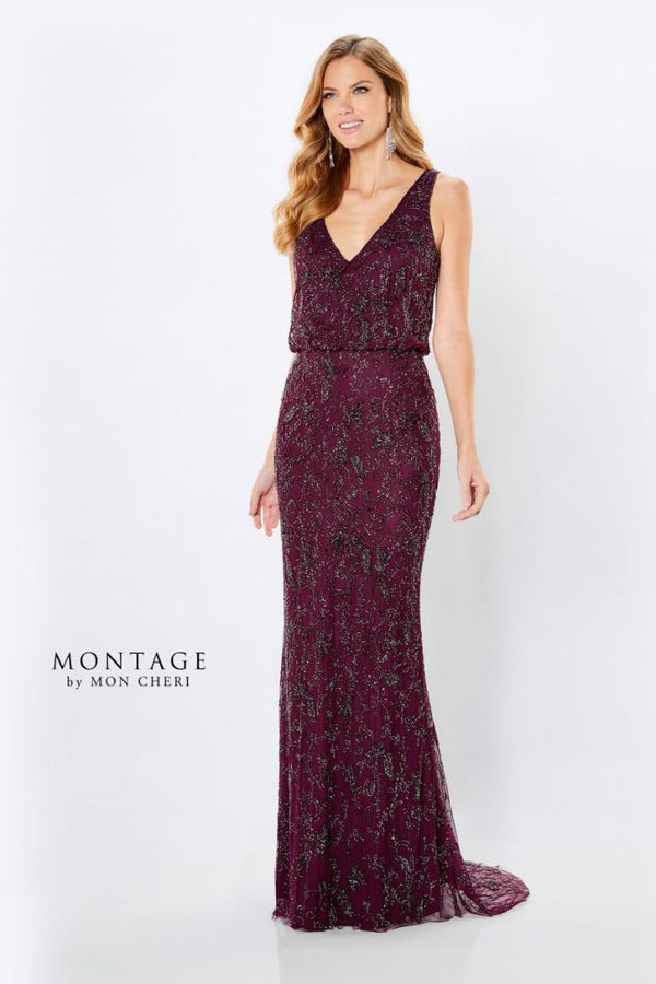 MONTAGE by Mon Cheri 221966 Wine Beaded Sheath Dress