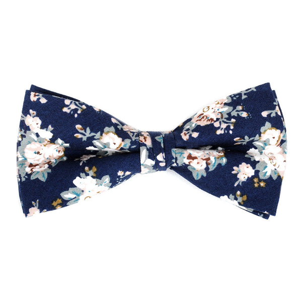 New Champagne Floral Print Navy Cotton Bow Tie