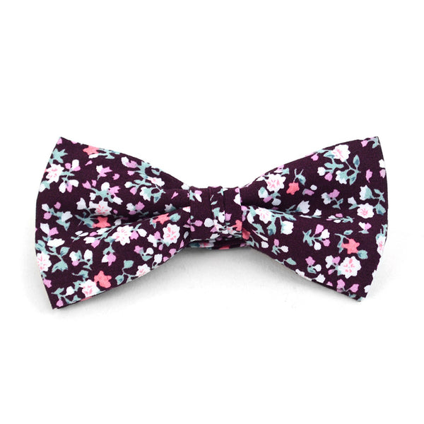 New Floral Print Burgundy Cotton Pre-Tied Bow Tie