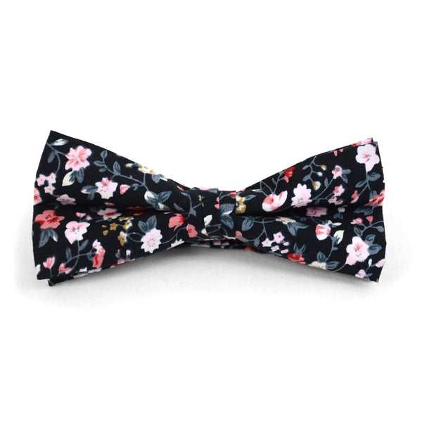 New Floral Print Black Cotton Pre-Tied Bow Tie