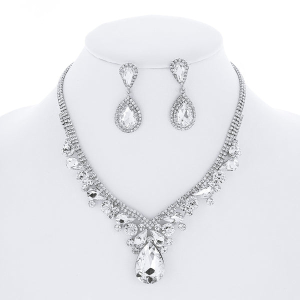 Crystal Teardrop Cluster Bib Silver Necklace and Earring Set Sophia Collection dba Something Special