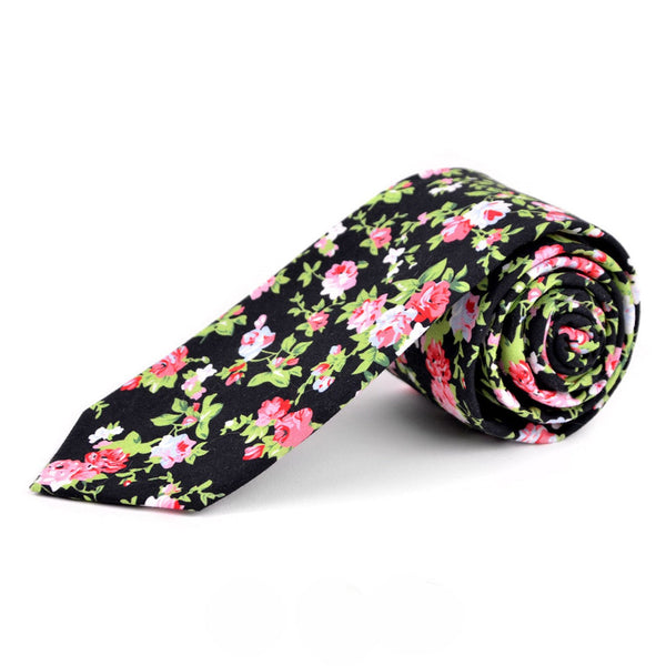 Pink & Black Floral Print Cotton Slim Tie SELININY