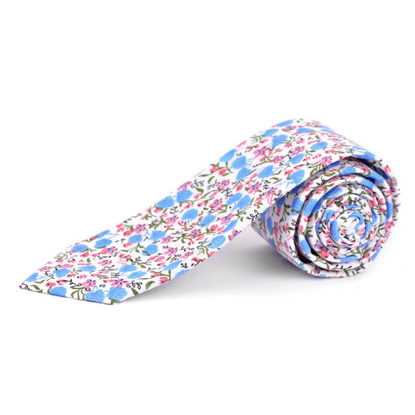 Blue Floral Print Cotton Slim Tie SELININY
