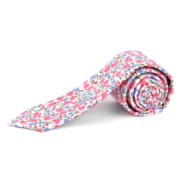 Pink Floral Print Cotton Slim Tie SELININY