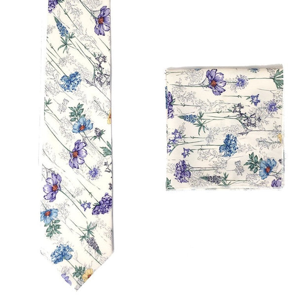 White Alabaster Cotton Floral Tie & Pocket Square Set TieOutlet.com