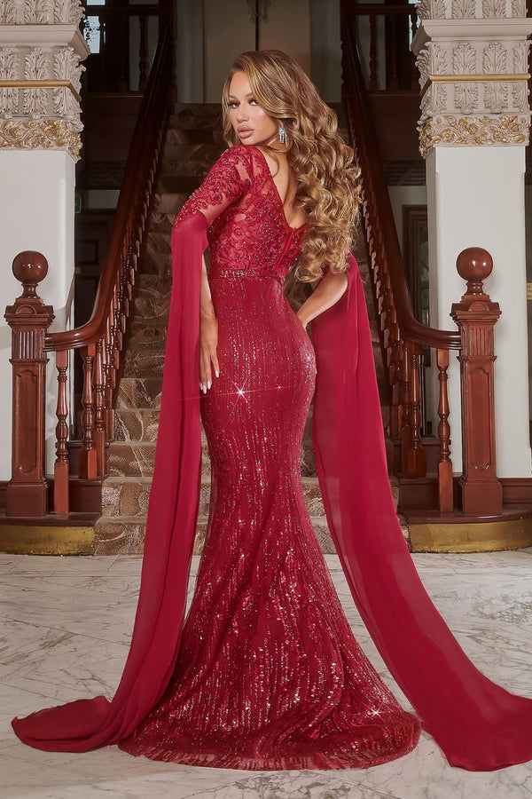Portia & Scarlett PS22168 Red Embroidered Cape Sleeve Dress Portia & ScarlettÂ