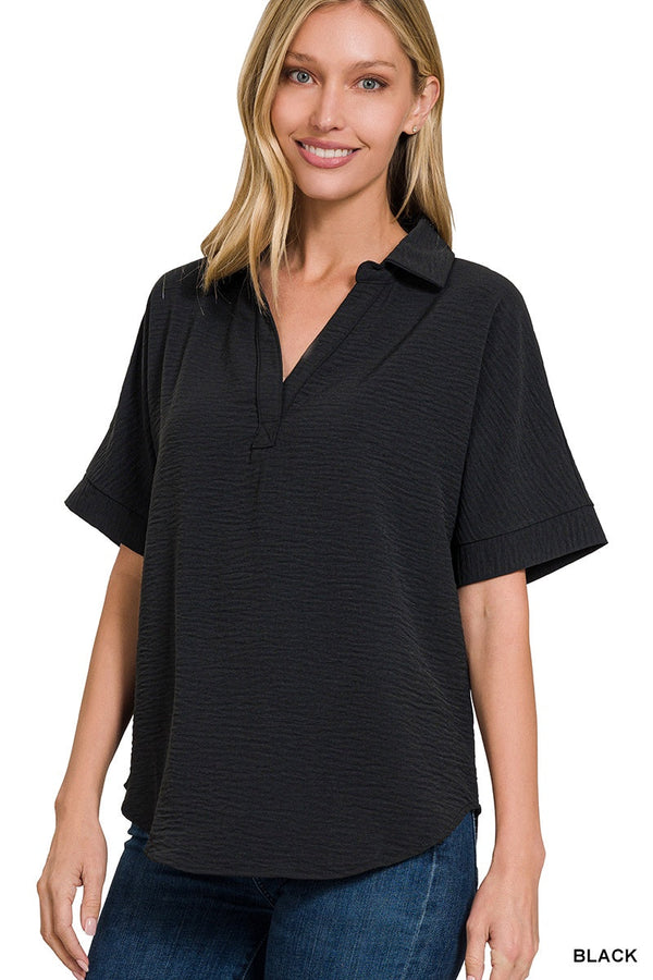 Simple Request Air Flow Collared Blouse - Black Zenana