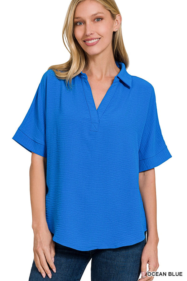 Simple Request Air Flow Collared Blouse - Ocean Blue Zenana