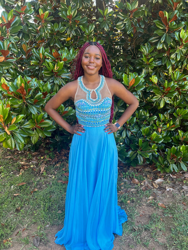 Rachel Allan 2057 Sky Blue Flowy Chiffon Dress