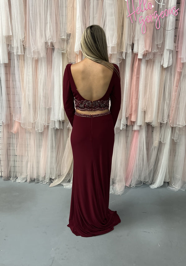 Rachel Allan 6137 Marsala Long Sleeve V-Neck Jersey 2-Piece Dress