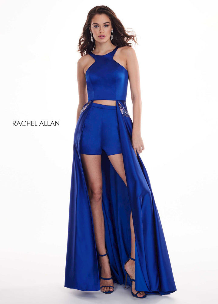 Rachel Allan 6405 Royal Blue High Neck A-Line w/ Shorts