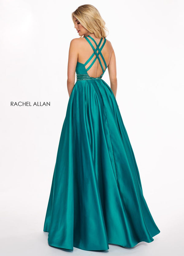 Rachel Allan 6464 Jade Green Satin A-Line Dress Rachel Allan