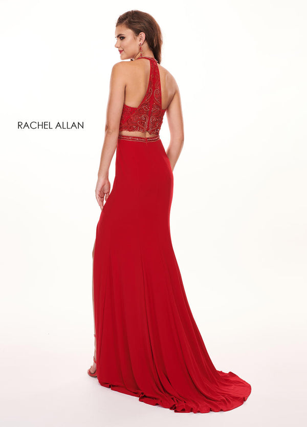 Rachel Allan 6641 Red Fitted 2 Piece Beaded Halter Dress