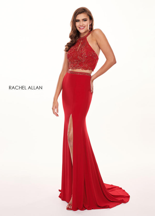 Rachel Allan 6641 Red Fitted 2 Piece Beaded Halter Dress