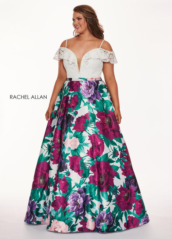 Rachel Allan 6672 White Lace Top w/ Magenta Floral Skirt - Size 14