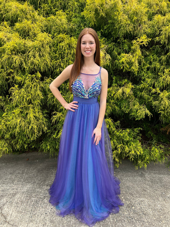 Rachel Allan 6955 Royal Blue Illusion Tulle A-Line Dress