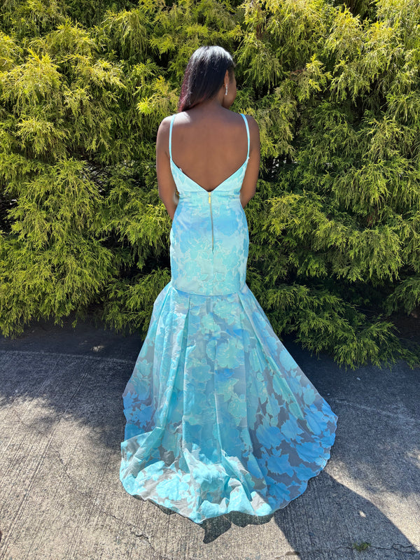 Rachel Allan 7087 Aqua Floral Jacquard Mermaid Dress
