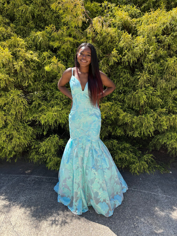 Rachel Allan 7087 Aqua Floral Jacquard Mermaid Dress