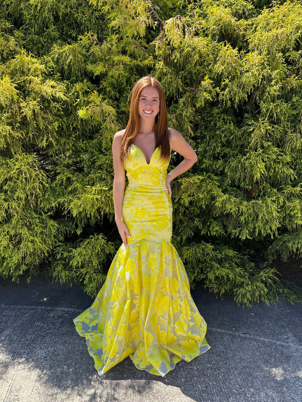 Rachel Allan 7087 Yellow Floral Jacquard Mermaid Dress
