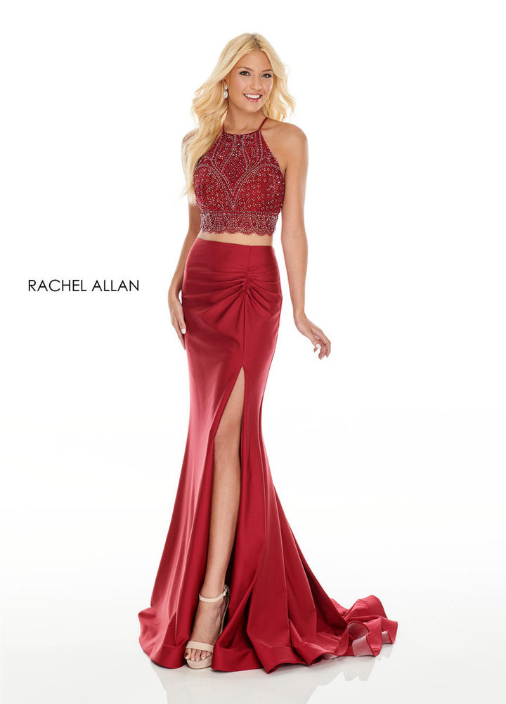 Rachel Allan 7125 Marsala 2 Piece Beaded Bodice Jersey Dress with Slit - Size 6