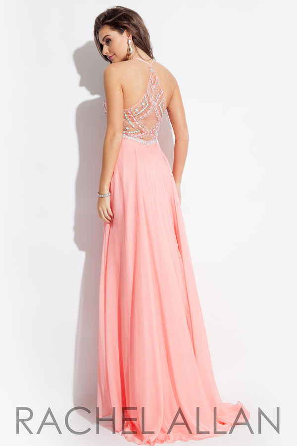 Rachel Allan 7239 Coral Beaded Halter Chiffon Dress Rachel Allan