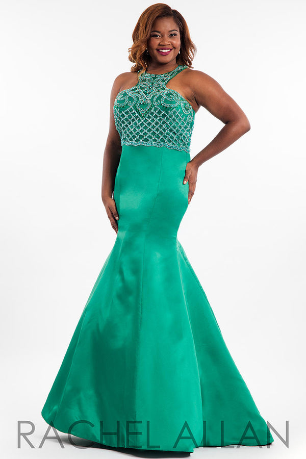Rachel Allan 7834 Emerald Beaded Satin Fit-N-Flare Dress