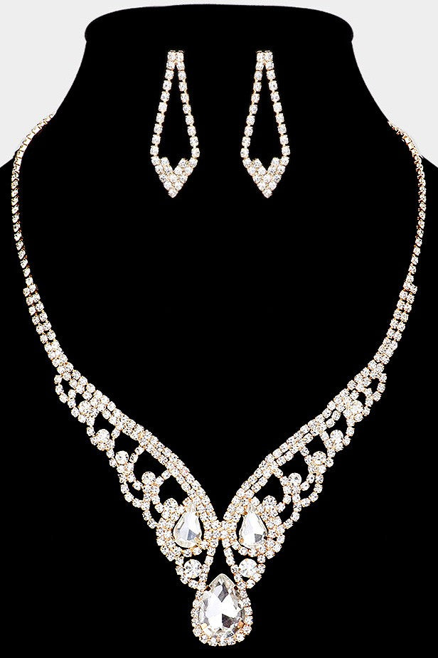 Teardrop Stone Accented Rhinestone Paved V Shape Necklace and Earring Set
