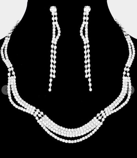 Rhinestone Scoop Silver Necklace and Earring Set Wona Trading Co