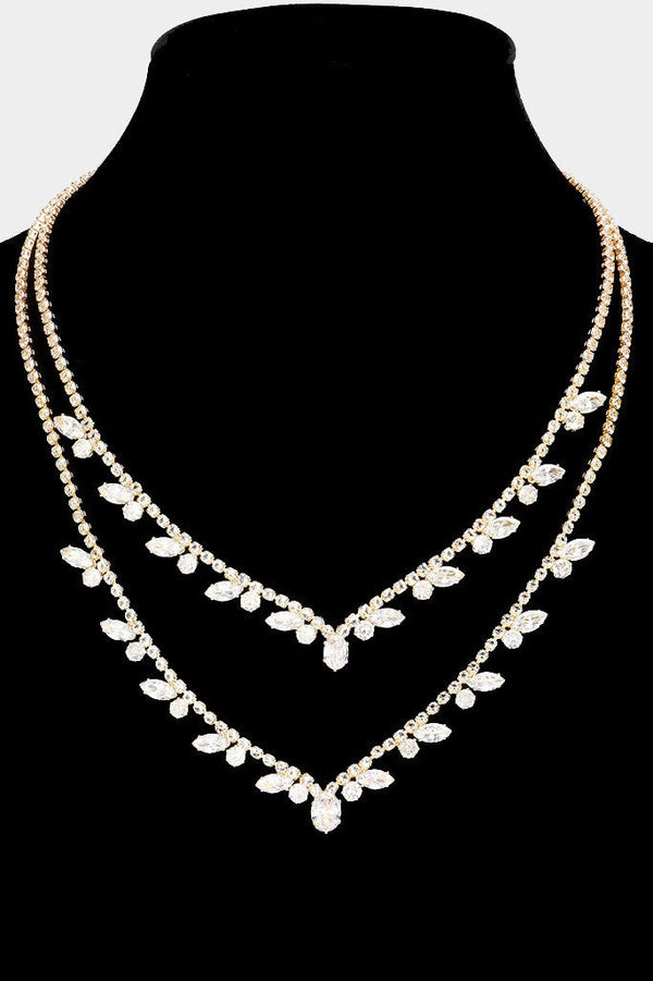 Cubic Zirconia Marquise Pointed GOLD Rhinestone Paved Double Layered Necklace Wona Trading CoÂ