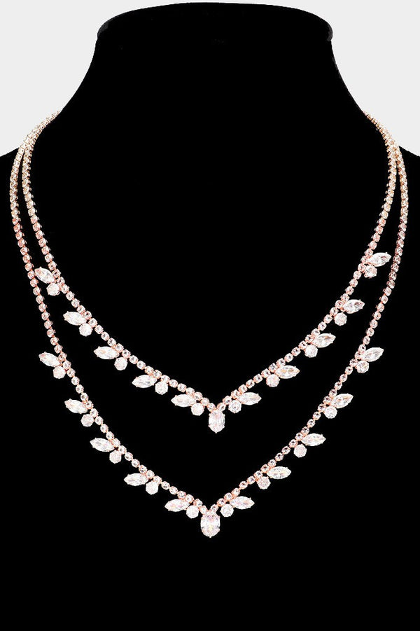 Cubic Zirconia Marquise Pointed Rhinestone Paved Double Layered Necklace - Silver, Gold or Rosegold