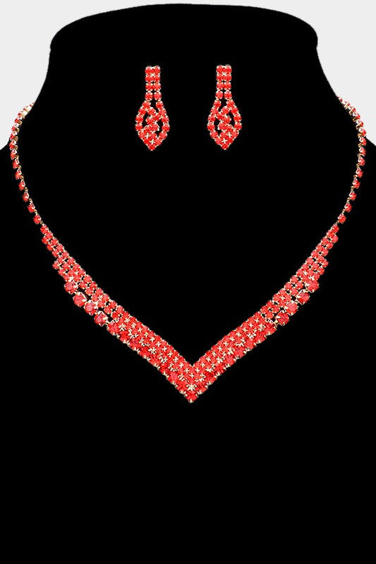 Red Crystal Pave Rhinestone Gold Necklace and Earring Set Not specified