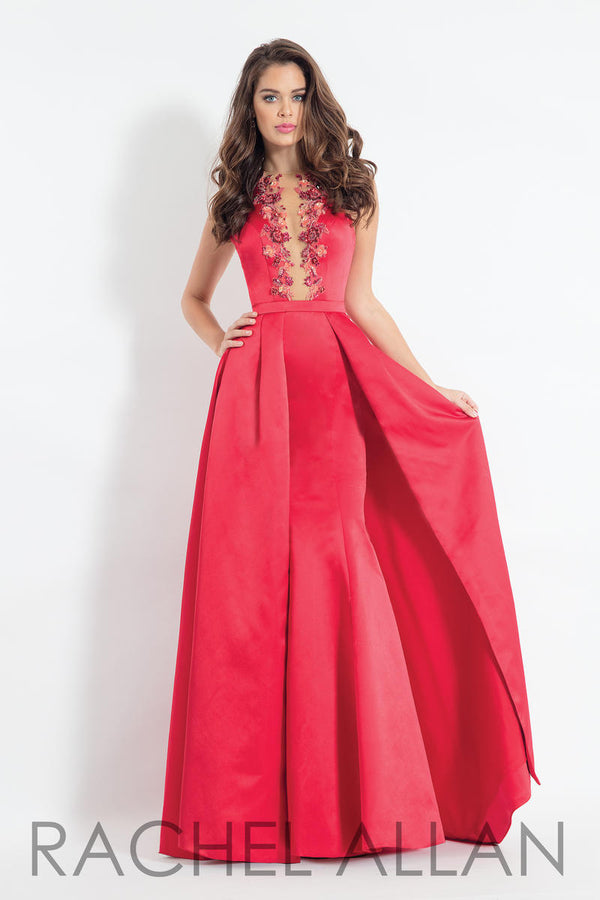 Rachel Allan 6166 Red Satin Dress with Overskirt Rachel Allan
