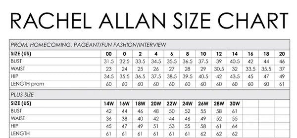 Rachel Allan size chart for prom, homecoming, and pageant, including Curves Plus Size dresses.