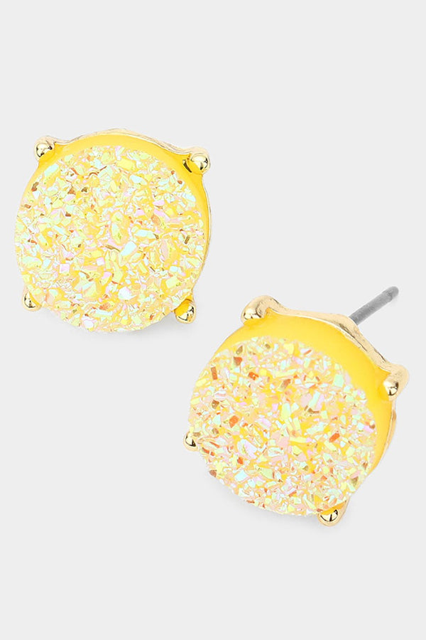 Yellow Iridescent Round Druzy Stud Earrings Wona Trading Co
