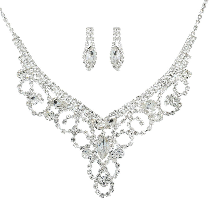 Crystal Rhinestone Swirl V-Shape Silver Necklace and Earring Set