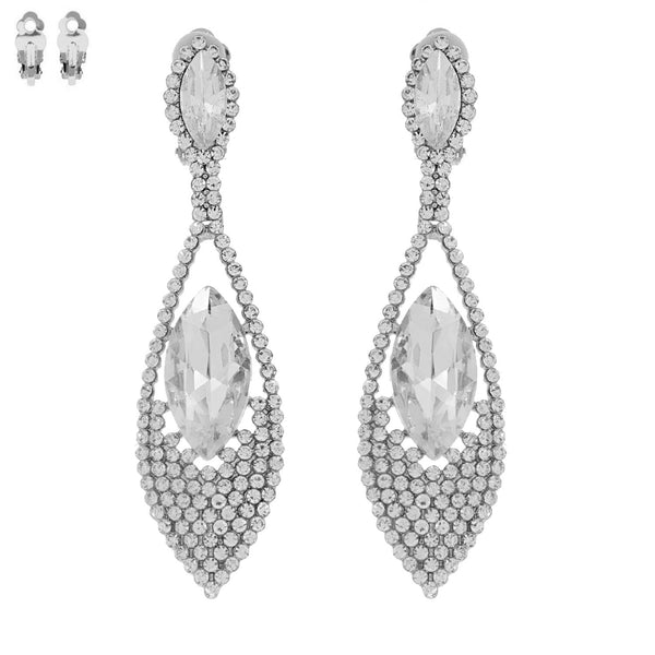 Petal Shape Crystal Pave Drop Silver Clip-On Earrings Sophia Collection dba Something Special