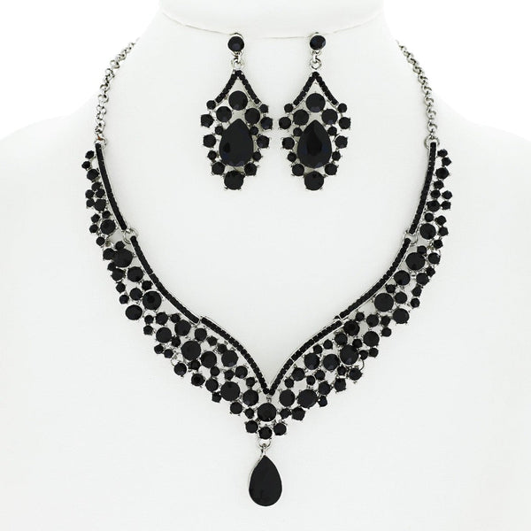 Crystal Cluster Bib Necklace and Earring Set - Jet, Crystal Silver or AB Gold Sophia Collection dba Something Special