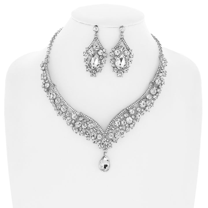 Crystal Cluster Teardrop Pendant Bib Necklace and Earring Set