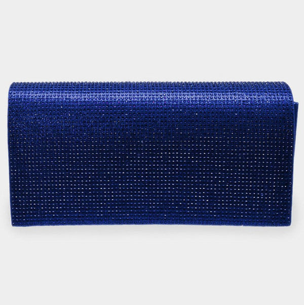 A royal blue, sparkling evening clutch with a magnetic closure and a detachable chain strap.
