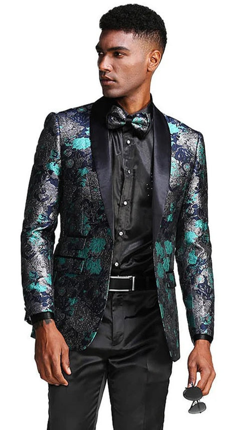 Turquoise & Black Floral Metallic Fashion Blazer Tazzio