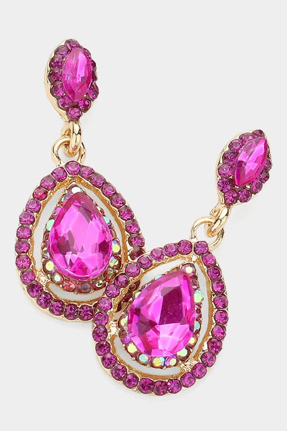 Fuchsia Pink Iridescent Crystal Teardrop Gold Earrings Wona Trading Co