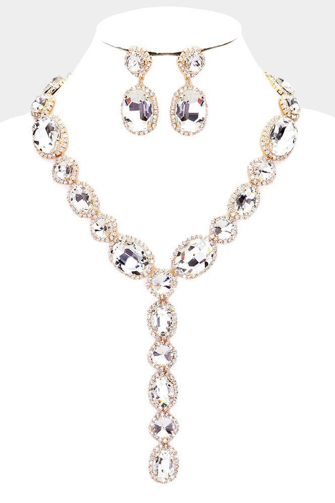 Glass Crystal Rhinestone Y Evening Necklace and Earring Set