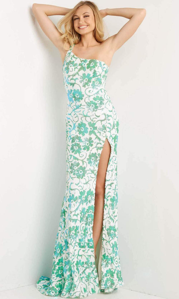 JOVANI 08256 Emerald Green Floral Sequin Dress
