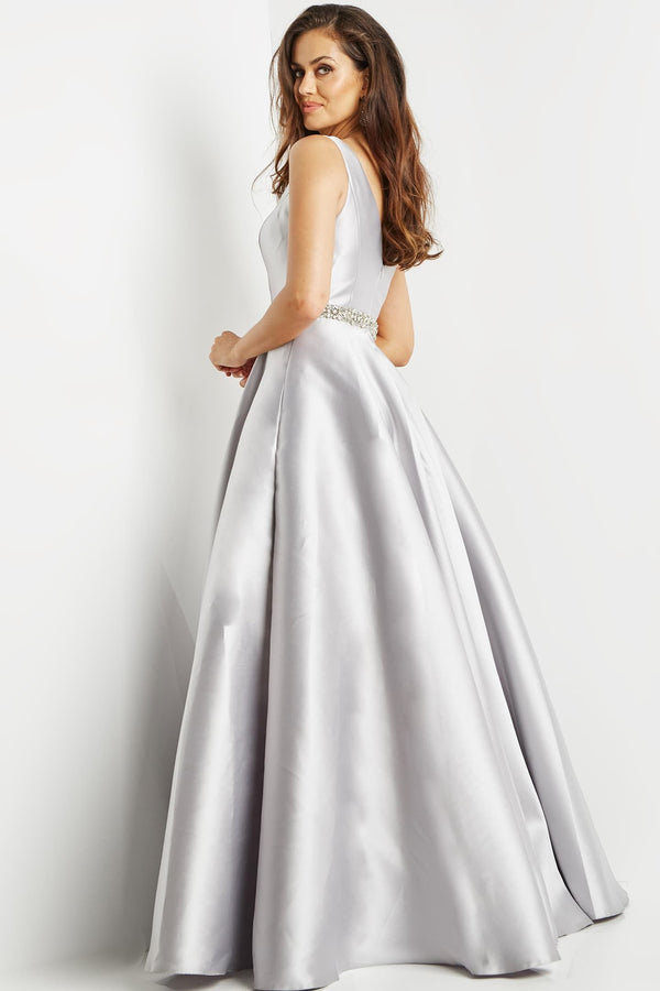 JOVANI 09077 Silver Mikado Modest A-Line Dress