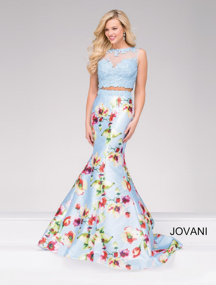 JOVANI 49989 Blue Floral Print 2 Piece Mermaid Dress