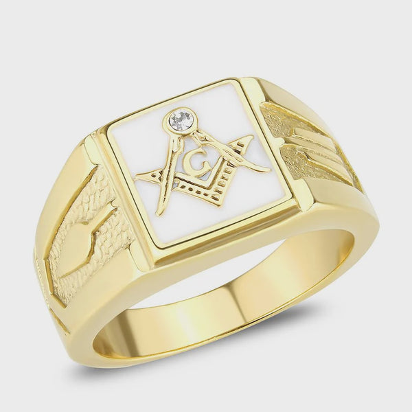 Men's Stainless Steel IP Gold Crystal Freemason Ring Fashion Jewelry