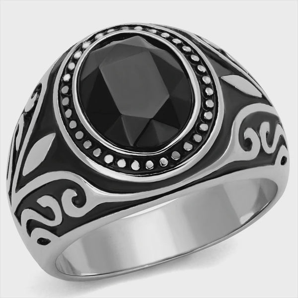 Jet & Silver Stainless Steel Men's Ring Fashion Jewelry