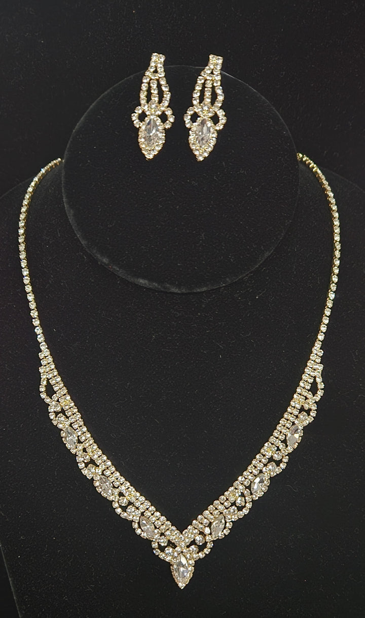 Crystal Rhinestone Marquise Drop Gold Necklace and Earring Set